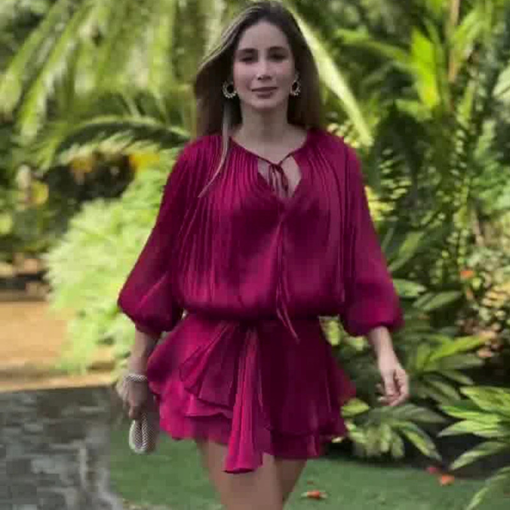 Forever 21 Elegant Wine Red Ruffle Three Quarter Sleeve Dress
